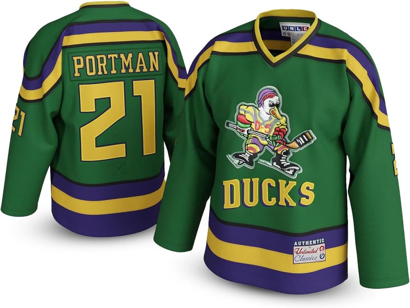 UNLC Store Dean Portman #21 Mighty Ducks Jersey – Green 90s Hockey Shirt with Stitched Letters, Adult Sizes S–5XL - Image 1